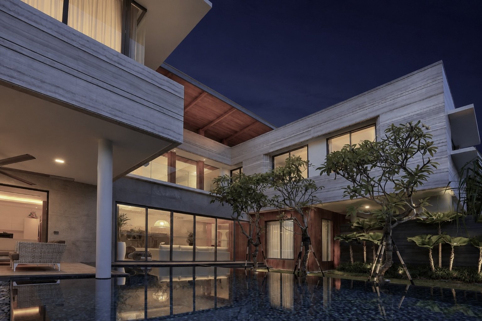 Courtyard residence: timber soffits, travertine, water at the centre.
